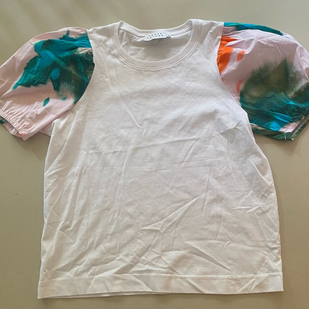 Tanya Taylor White Tee with Multicolor Puff Sleeves